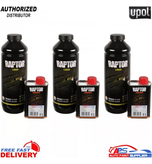 3x U-POL RAPTOR 1 Bottle Kit Tintable Bed Liner Coating with Hardener